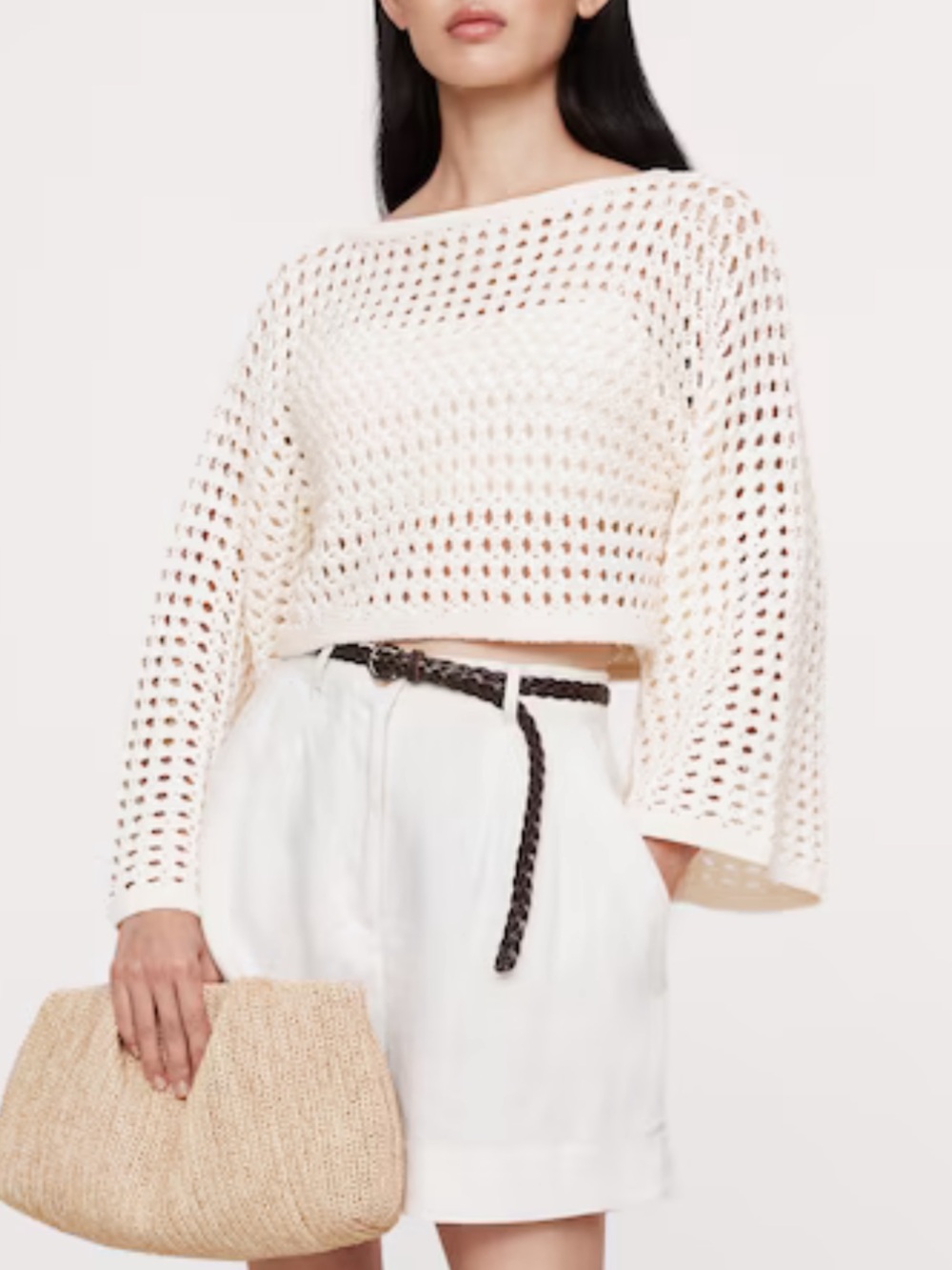 Banana Republic White Cotton Crochet Knit Cropped Sweater Size Small